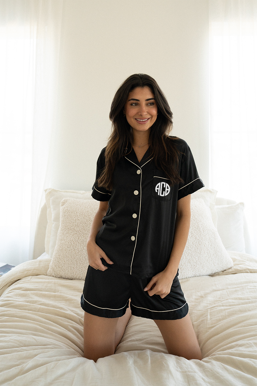 Black Satin Pajamas Shorts Set