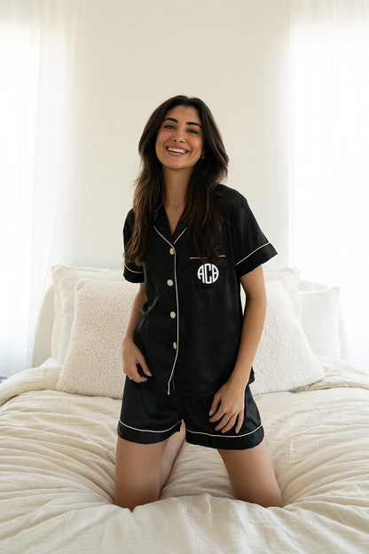 Black Satin Pajamas Shorts Set