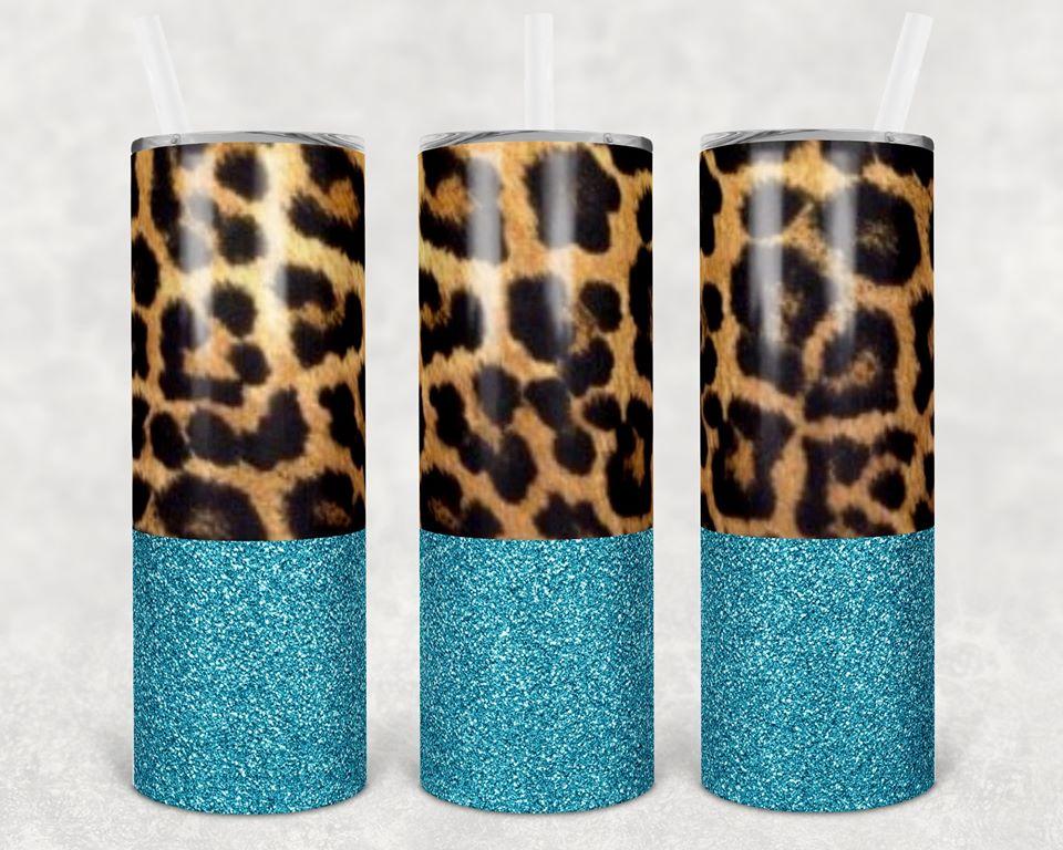 Blue Glitter Leopard 20 oz Skinny Tumbler