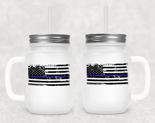 Blue Line Flag Frosted Mason Jar