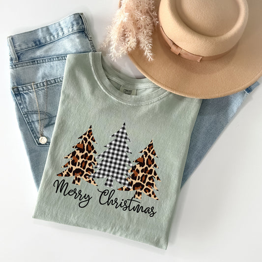 Merry Christmas Plaid Leopard Trees - Comfort Colors Graphic Tee