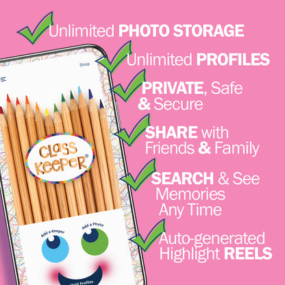 Mom Must-Have School Keepsake Kit | Class Keeper®, Photo Prop Deck & School Stickers | BONUS! App Membership + BONUS! Earn & Learn® Chore Chart Pad | (2) Styles