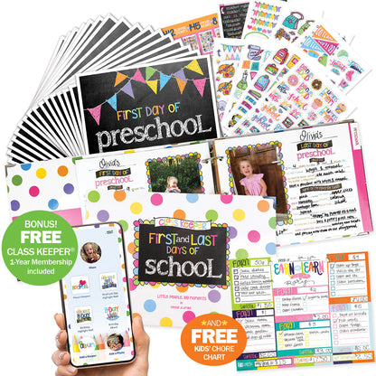 Mom Must-Have School Keepsake Kit | Class Keeper®, Photo Prop Deck & School Stickers | BONUS! App Membership + BONUS! Earn & Learn® Chore Chart Pad | (4) Styles