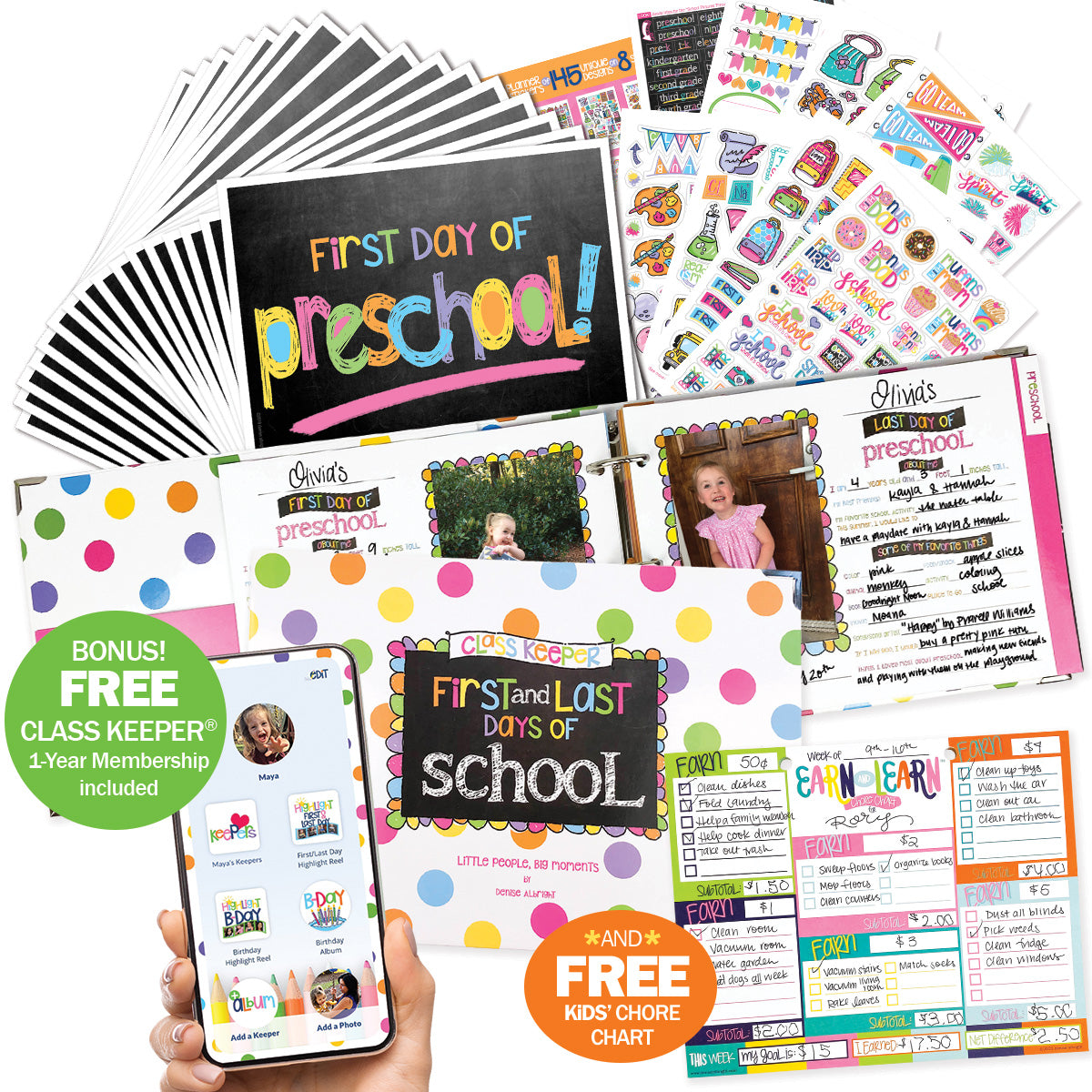 Mom Must-Have School Keepsake Kit | Class Keeper®, Photo Prop Deck & School Stickers | BONUS! App Membership + BONUS! Earn & Learn® Chore Chart Pad | (4) Styles