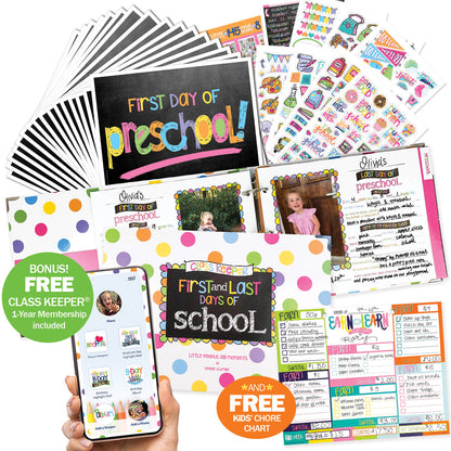 Mom Must-Have School Keepsake Kit | Class Keeper®, Photo Prop Deck & School Stickers | BONUS! App Membership + BONUS! Earn & Learn® Chore Chart Pad | (4) Styles