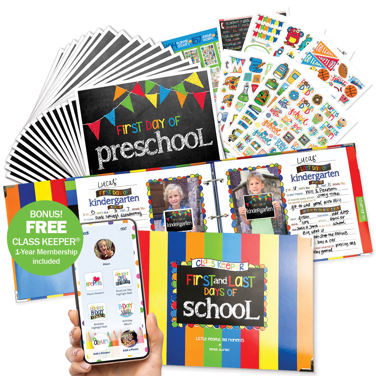 Mom Must-Have School Keepsake Kit | Class Keeper, Photo Prop Deck & School Stickers + BONUS App Membership