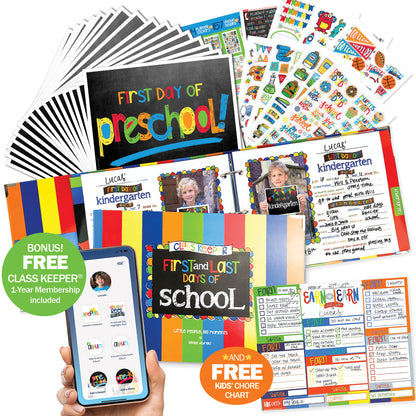Mom Must-Have School Keepsake Kit | Class Keeper®, Photo Prop Deck & School Stickers | BONUS! App Membership + BONUS! Earn & Learn® Chore Chart Pad | (4) Styles