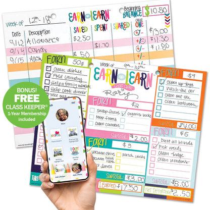 Earn & Learn® Kids Money Management Chore Chart Pad + BONUS App Membership | Dry Erase Savings Tracker for School Age Kids