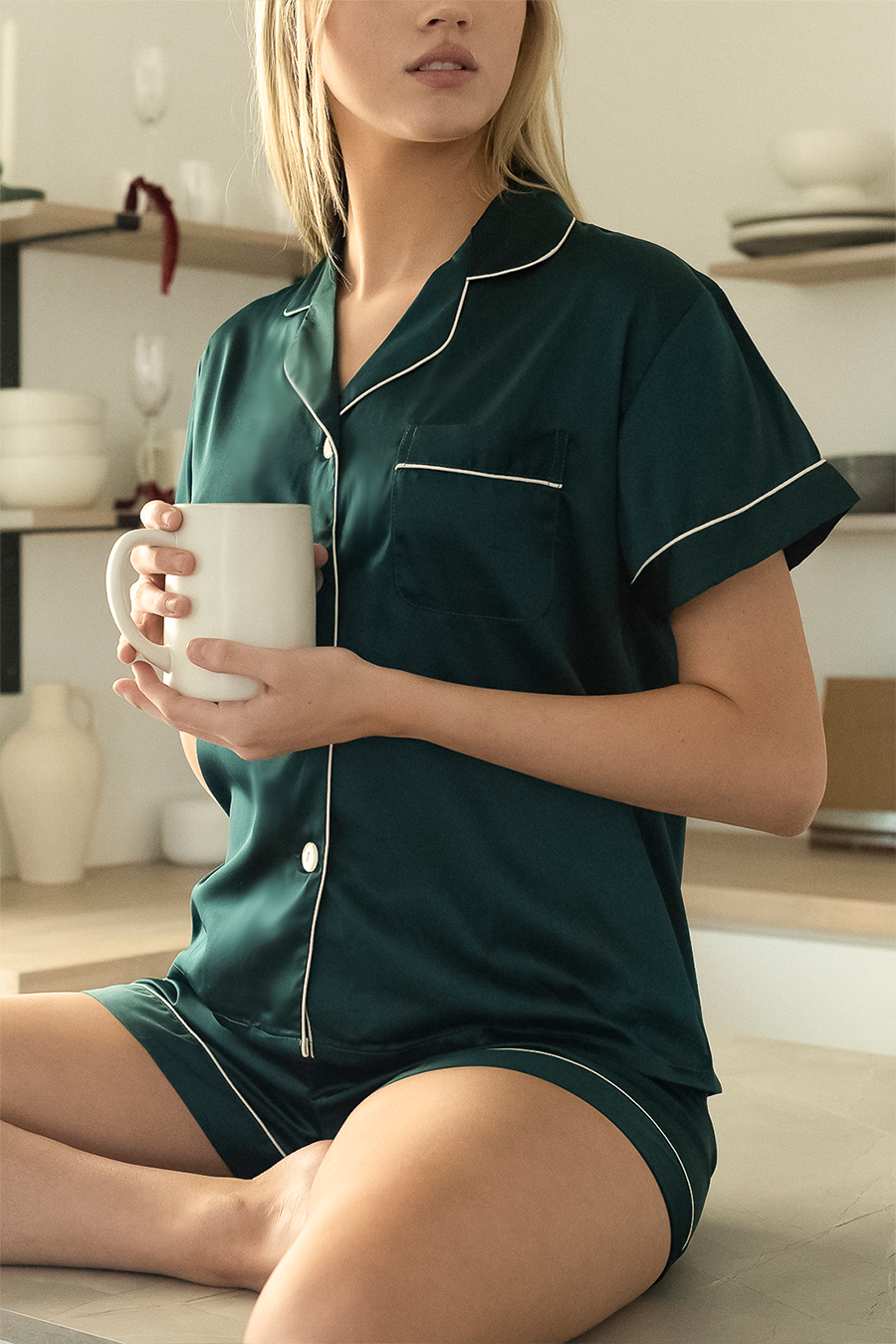 Forest Green Satin Pajamas Shorts Set