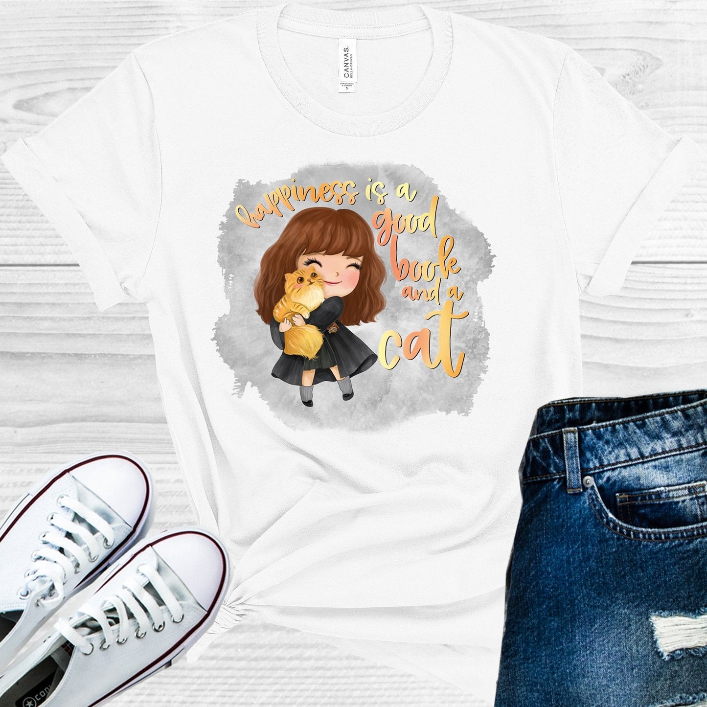 Happiness is a Good Book and a Cat Graphic Tee