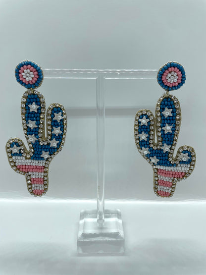Beaded Cactus Earrings American Flag