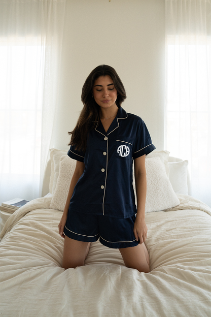 Navy Blue Satin Pajamas Shorts Set