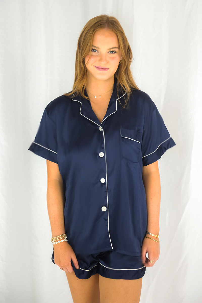 Navy Blue Satin Pajamas Shorts Set
