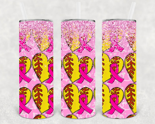Pink Ribbon Softball 20 oz Skinny Tumbler