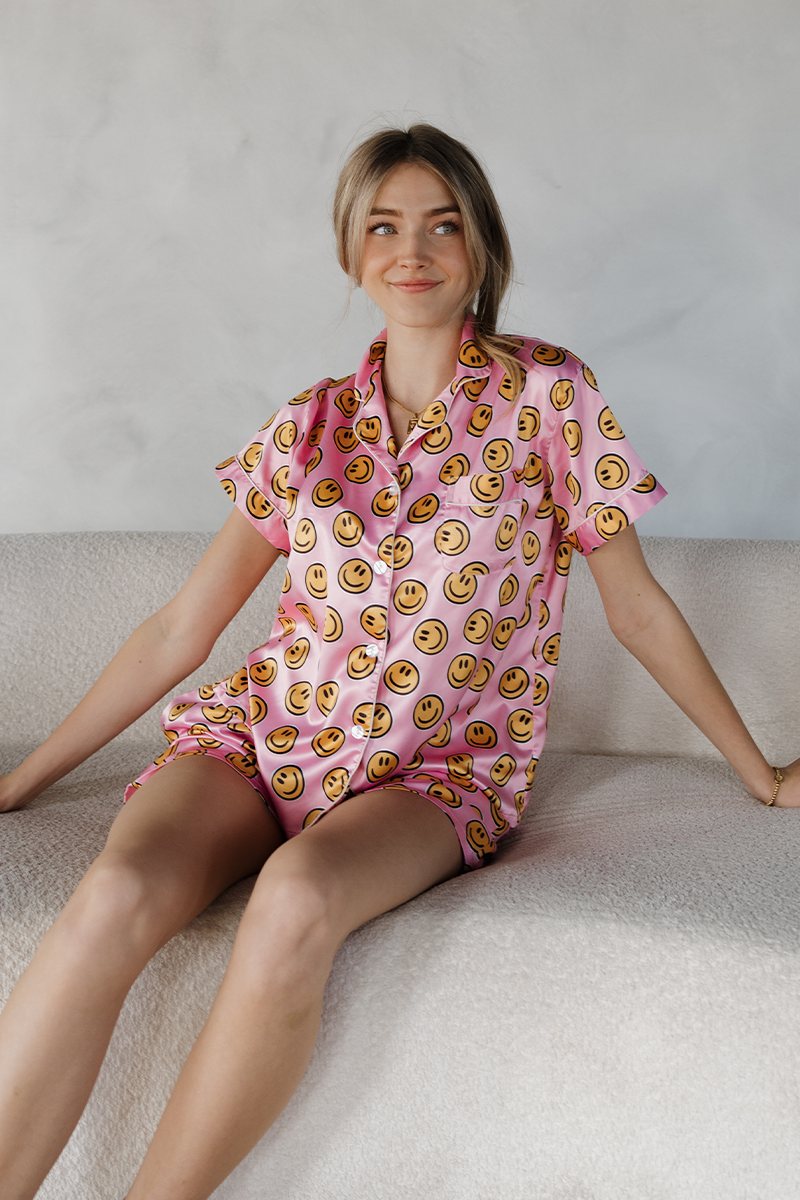 Pink Smiley Satin Pajamas