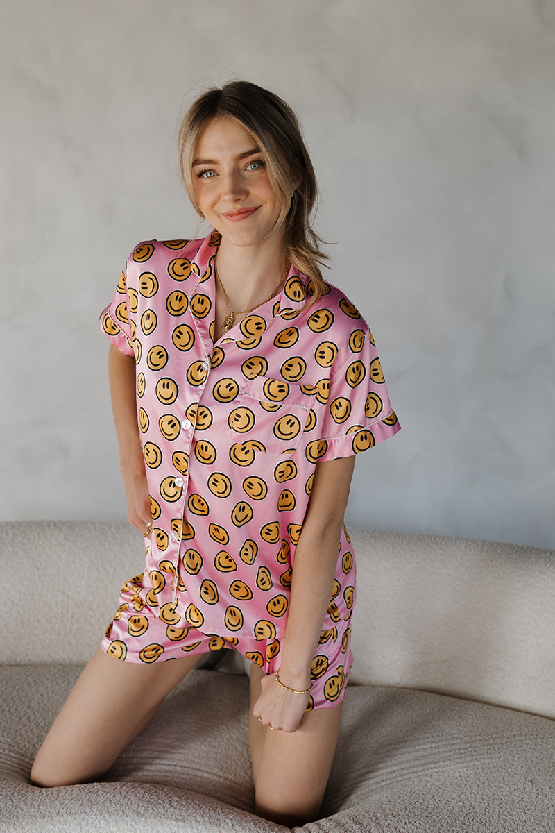 Pink Smiley Satin Pajamas