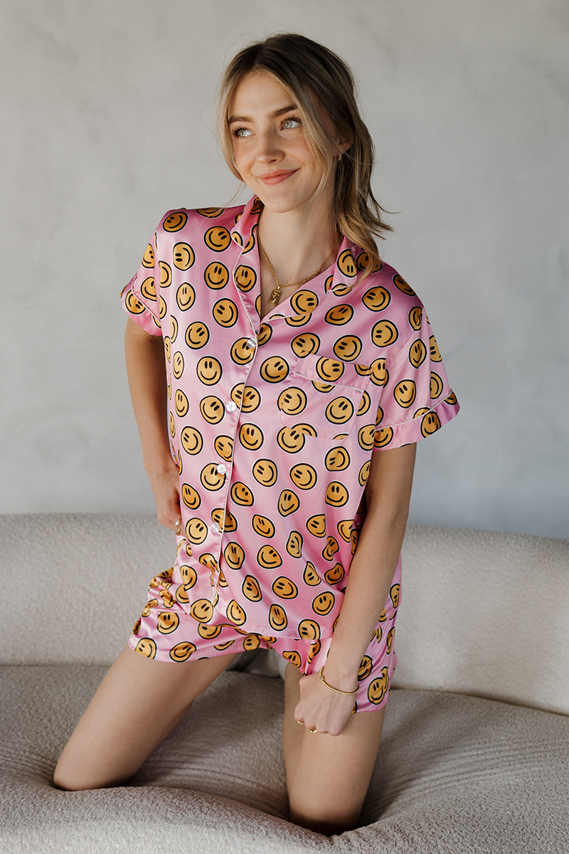 Pink Smiley Satin Pajamas