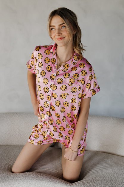 Pink Smiley Satin Pajamas