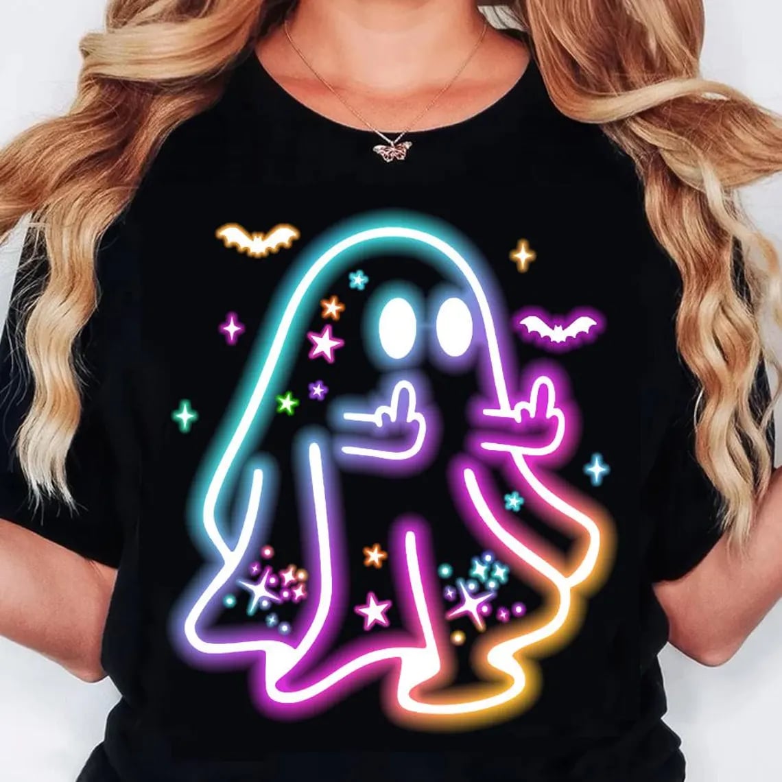 Neon Ghost Flipping Off Graphic Tee