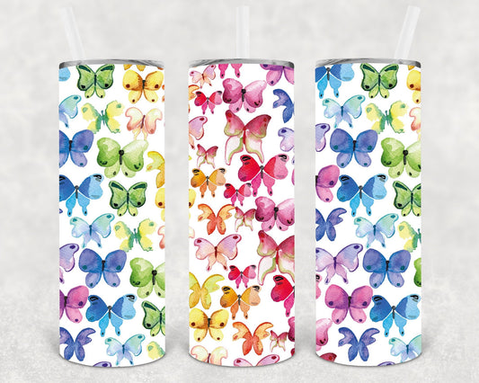 Rainbow Watercolor Butterfly 20 oz Skinny Tumbler