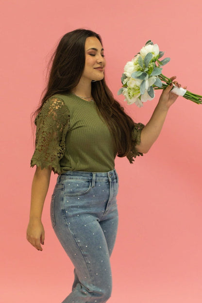 Garden Romance Waffle Knit Top in Olive