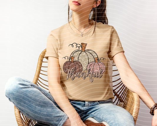 Thankful Faux Glitter Pumpkins Graphic Tee