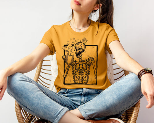 Coffee Drinking Skeleton Graphic Tee