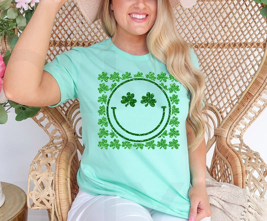 Faux Glitter Shamrocks Happy Face Graphic Tee