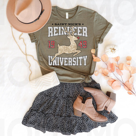 Saint Nick's Reindeer University Faux Glitter Graphic Tee
