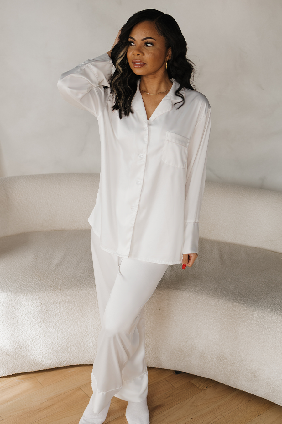 White Satin Pajama Pants Set