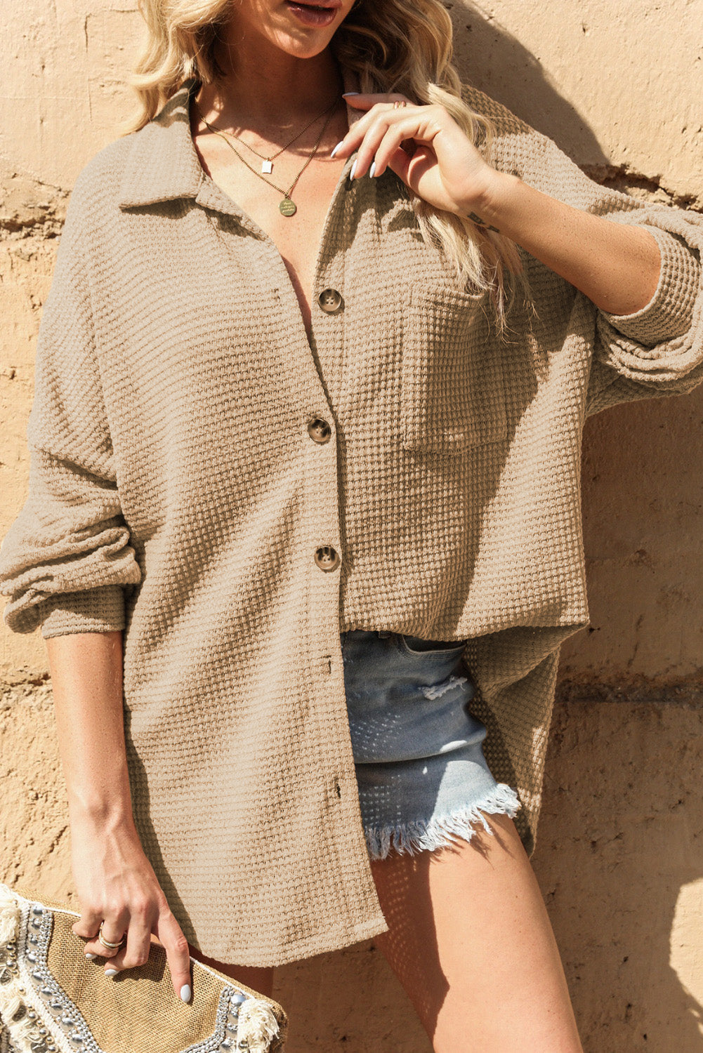 Khaki Waffle Knit Button Up Casual Shirt