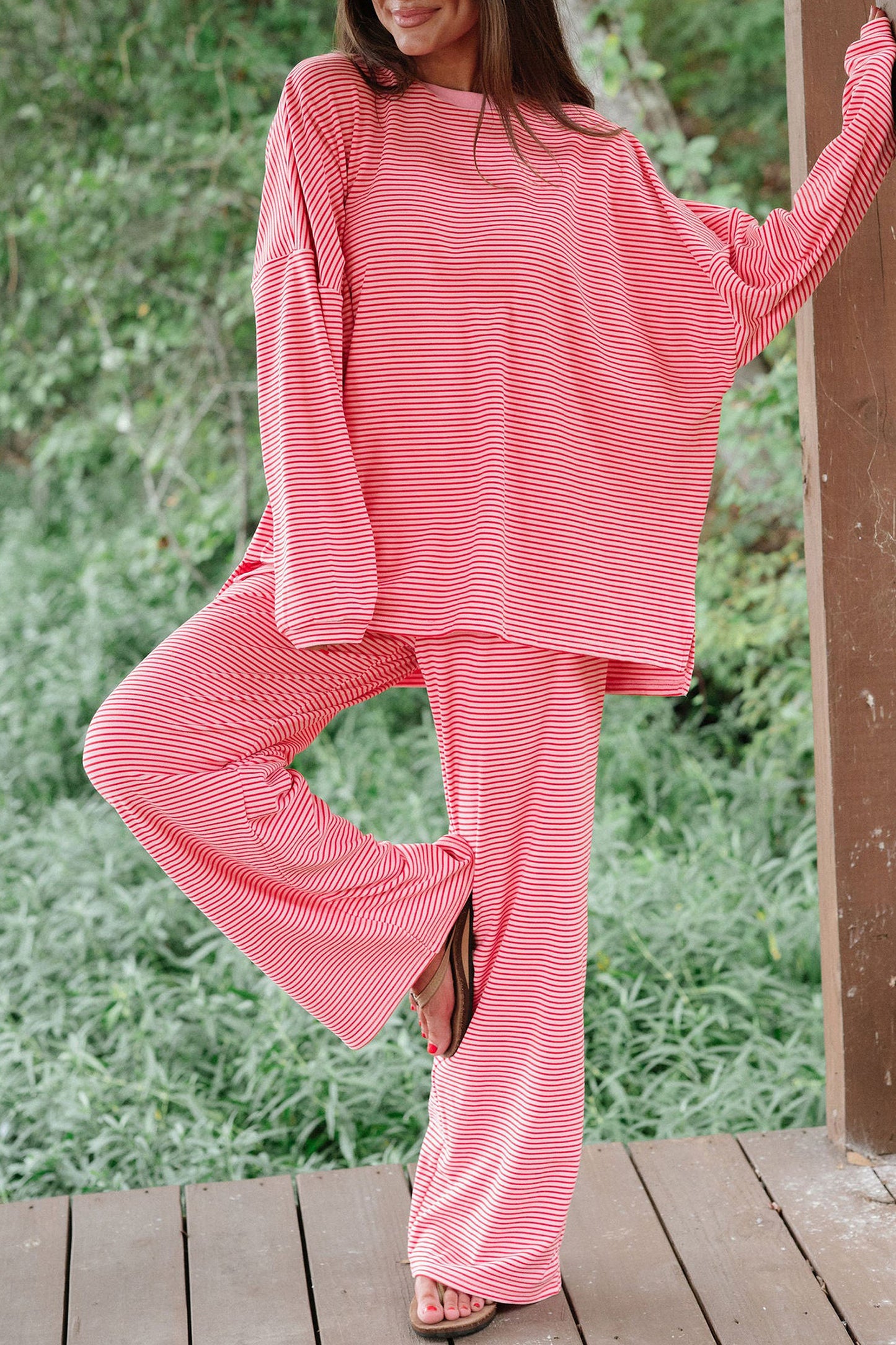 Pink Striped Drop Shoulder Long Sleeve Pant Set