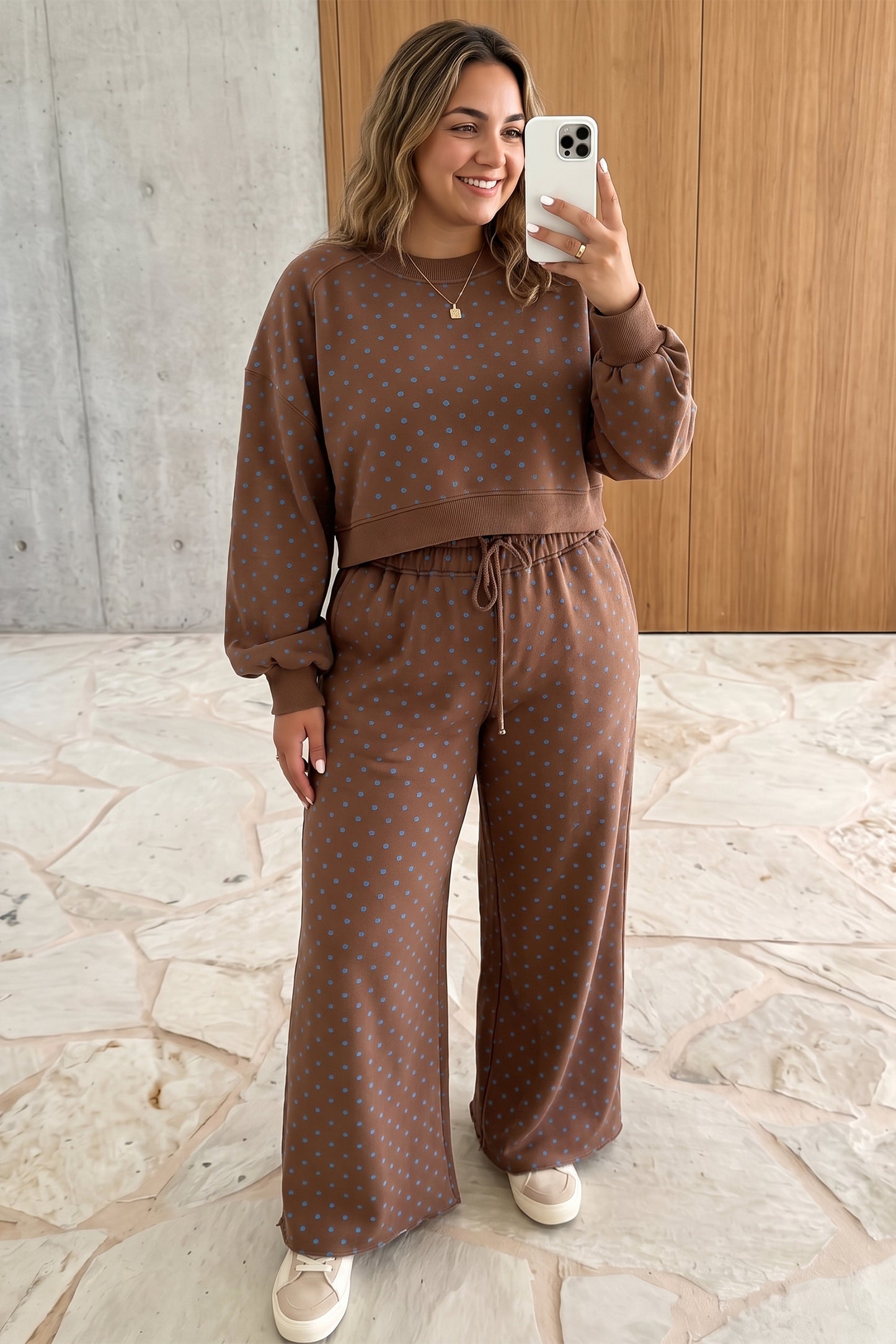 Brown Polka Dot Round Neck Long Sleeve Plus Size Set