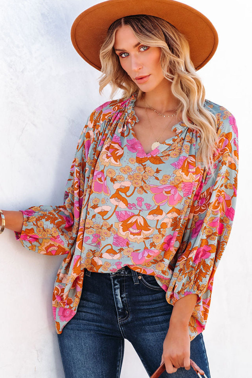 Blue Frilled Off Shoulder Floral Blouse