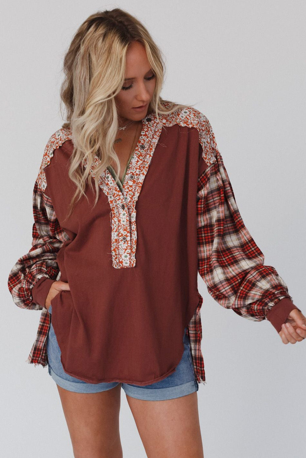 Red Dahlia Mixed Print Half Buttons Plus Size Pullover Top