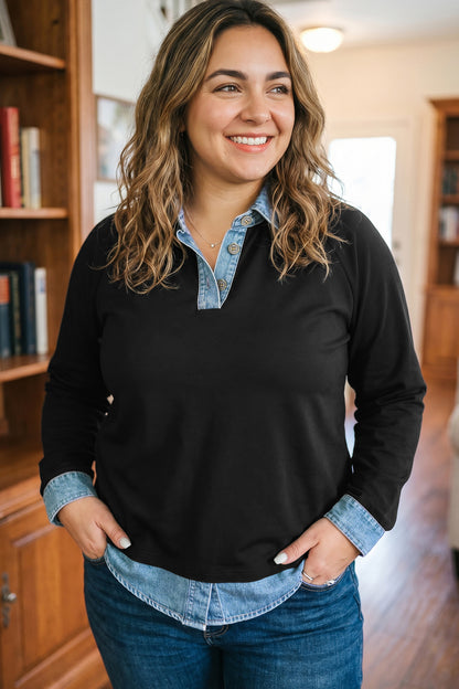 Black Solid Colorblock Long Sleeve V-Neck Plus Size Blouse