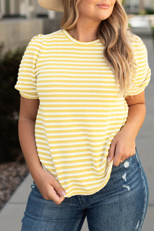 Yellow Stripe Short Puff Sleeve Plus Size Jumper