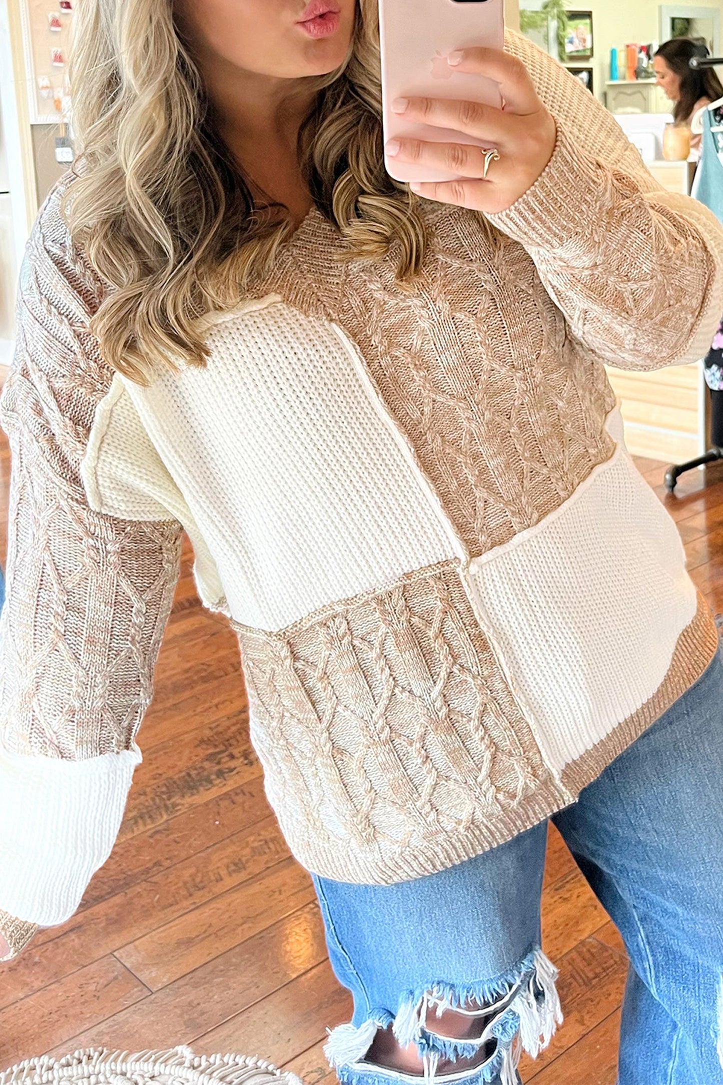 Parchment Colorblock V Neck Long Sleeve Tunic Loose Fit Plus Size Sweater