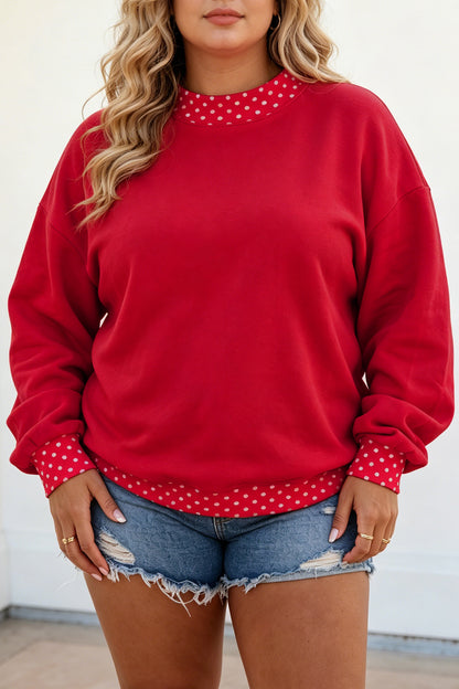Dirty blue Polka Dot Patchwork Round Neck Plus Size Sweatshirt