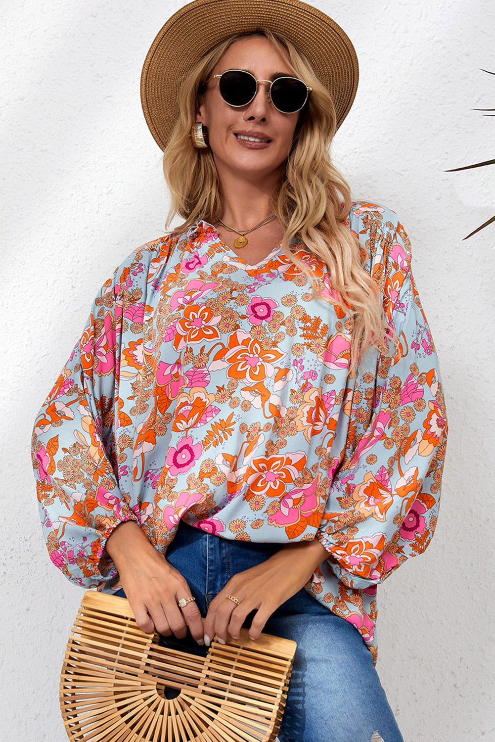 Blue Frilled Off Shoulder Floral Blouse