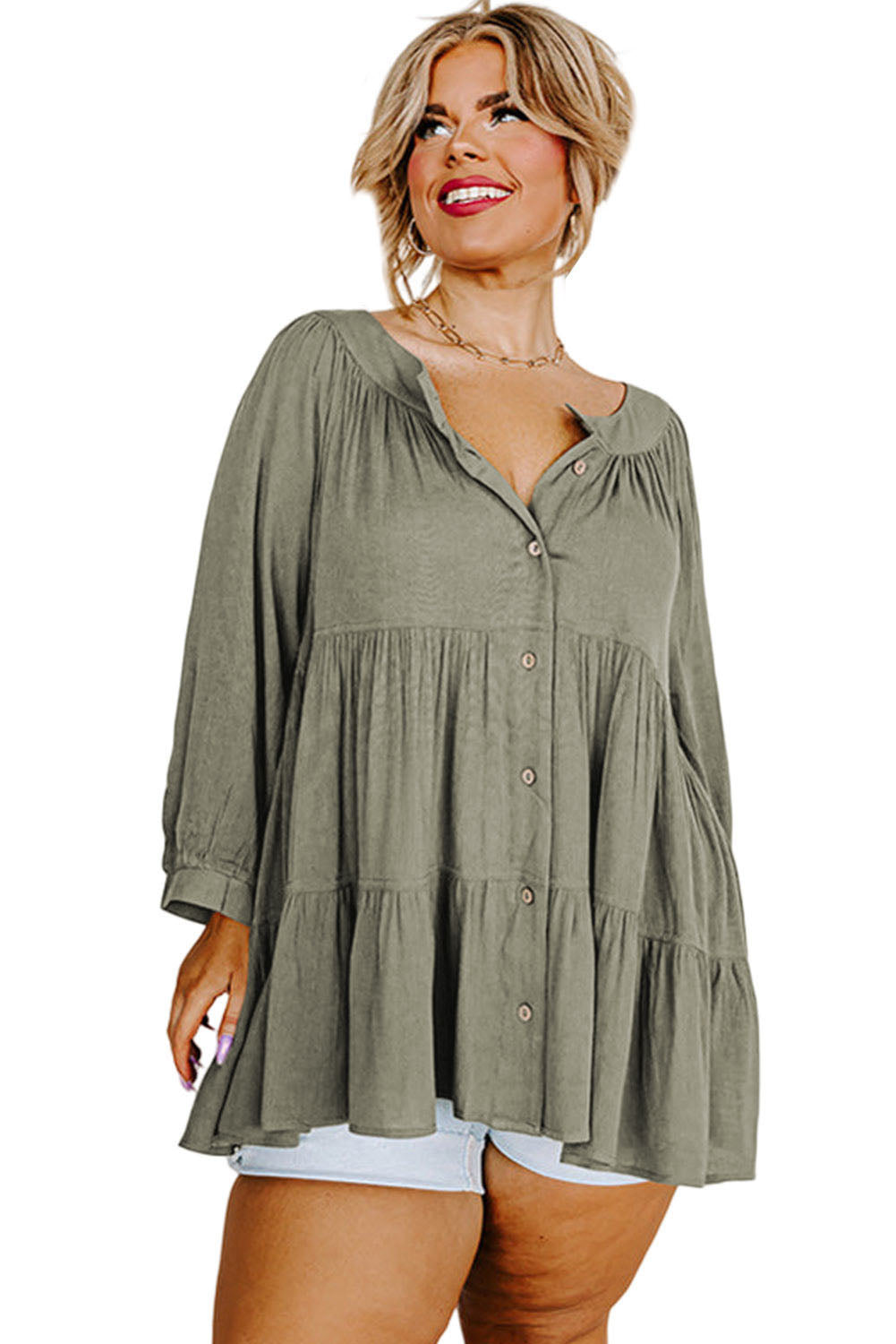 Plus Size Ruffle Tiered Split Neck Shirt