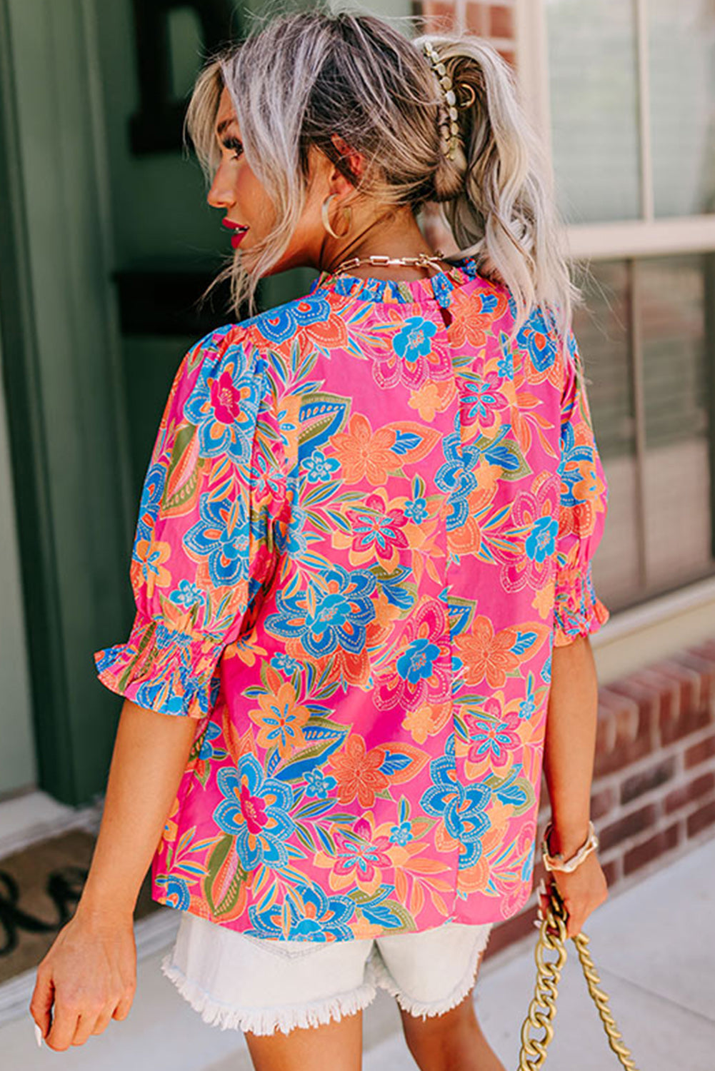 Rose Plus Floral Print Frilly Neck Puff Sleeve Blouse