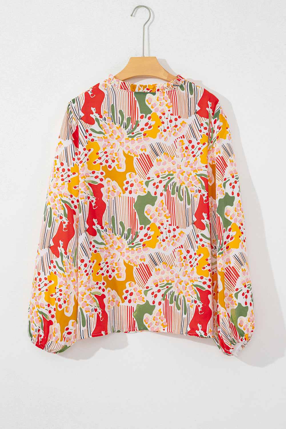 Orange Printed Floral Abstract Print Frilled V Neck Plus Size Blouse