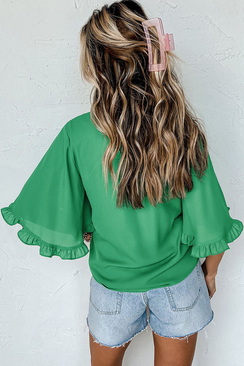 Green Frilly Round Neck Wide Half Sleeve Blouse