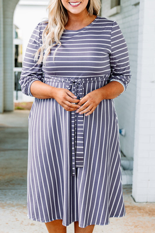 Striped Tie Waist 3/4 Sleeve Plus Size Dress