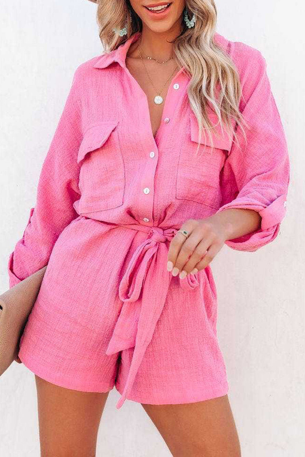 Roll Tab Sleeve Button Shirt Style Belted Romper