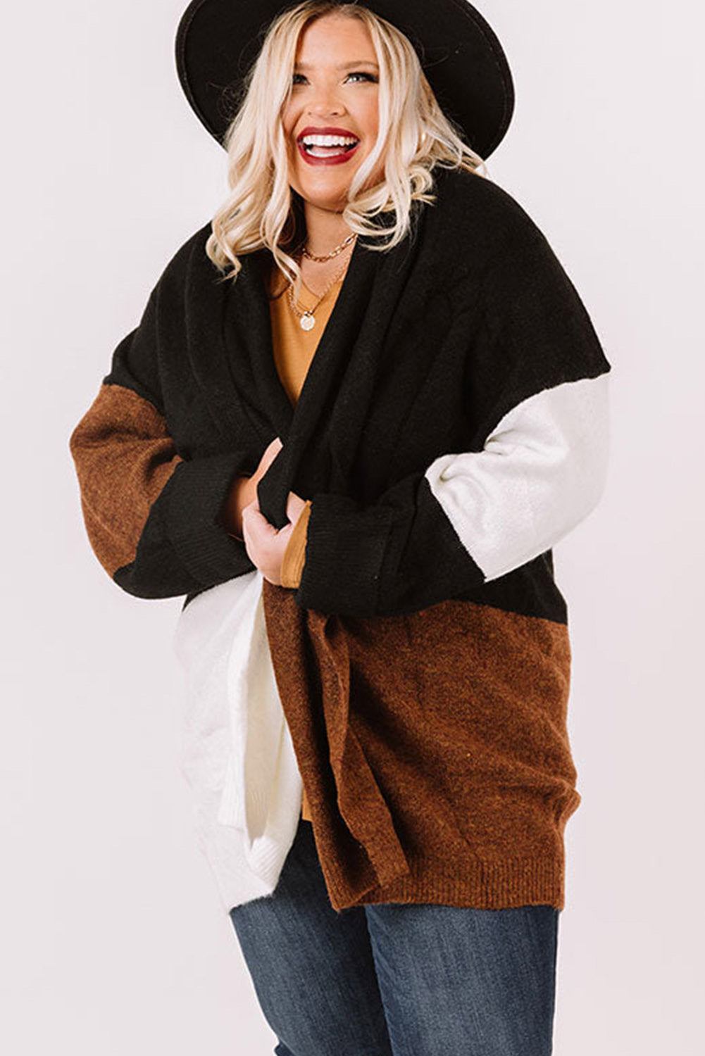 Plus Size Open Front Color Block Cardigan