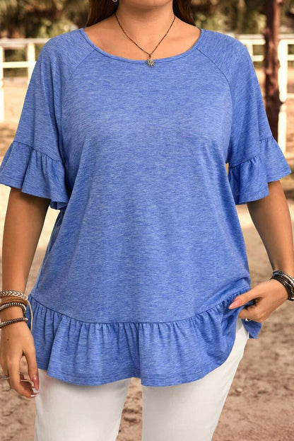 Light Blue Ruffled Short Sleeve Plus Size Casual Blouse