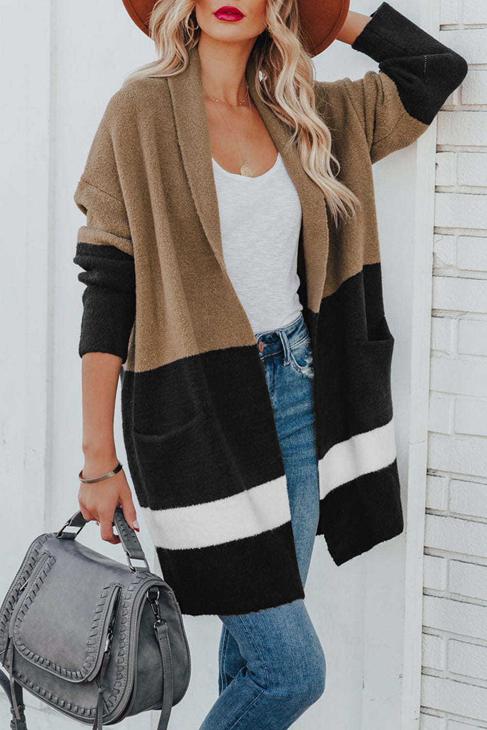 Brown Gingerbread Latte Colorblock Pocketed Cardigan