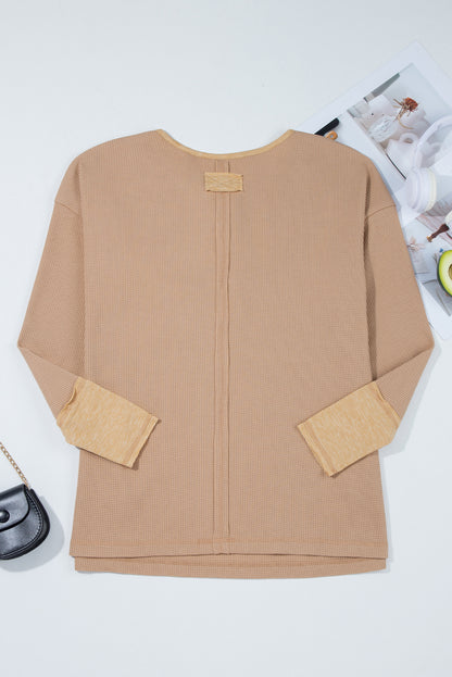 Vineyard Green Waffle Textured Patchwork Tunic Henley Top